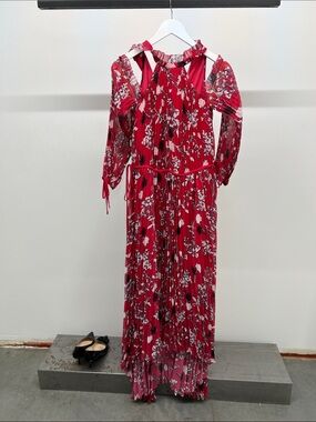 Self-Portrait Red Floral Pleated Maxi Dress